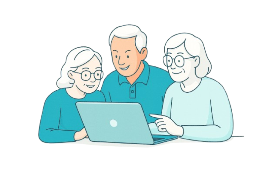 Ilustracija grupe koja uči uz laptop